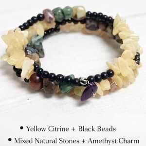 Citrine + Mixed Natural Stone Coil Bracelet Set | Amethyst Charm - New